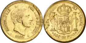 1880. Alfonso XII. Manila. 50 centavos. (AC. 165). Prueba en latón realizada bajo el Gobierno de Franco. Reverso coincidente. Leves impurezas. El reve...