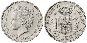 1894*94. Alfonso XIII. PGV. 50 céntimos. (AC. 43). Bella. 2,51 g. EBC+.