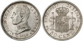 1910*10. Alfonso XIII. PCV. 50 céntimos. (AC. 48). Bella. 2,50 g. S/C-.