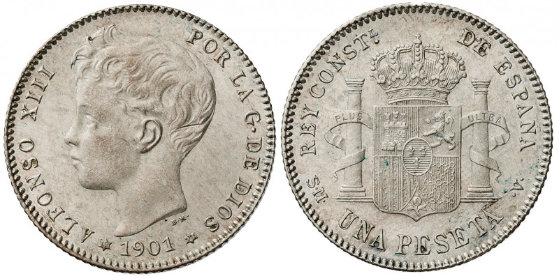 1901*1901. Alfonso XIII. SMV. 1 peseta. (AC. 60). Rayita. 5 g. EBC-/EBC.
