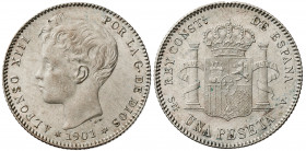 1901*1901. Alfonso XIII. SMV. 1 peseta. (AC. 60). Rayita. 5 g. EBC-/EBC.