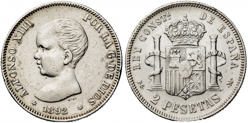 1892*1892. Alfonso XIII. PGM. 2 pesetas. (AC. 85). 9,97 g. MBC-.