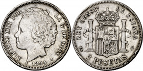 1894*1894. Alfonso XIII. PGV. 2 pesetas. (AC. 86). Golpes. 9,94 g. MBC-.