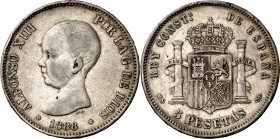 1888*1888. Alfonso XIII. MSM. 5 pesetas. (AC. 89). Rara. 24,89 g. MBC-.