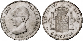 1888*18--. Alfonso XIII. SGV. 5 pesetas. (Barrera falta). Falsa de época. Atractiva. Escasa así. 23,37 g. MBC+.