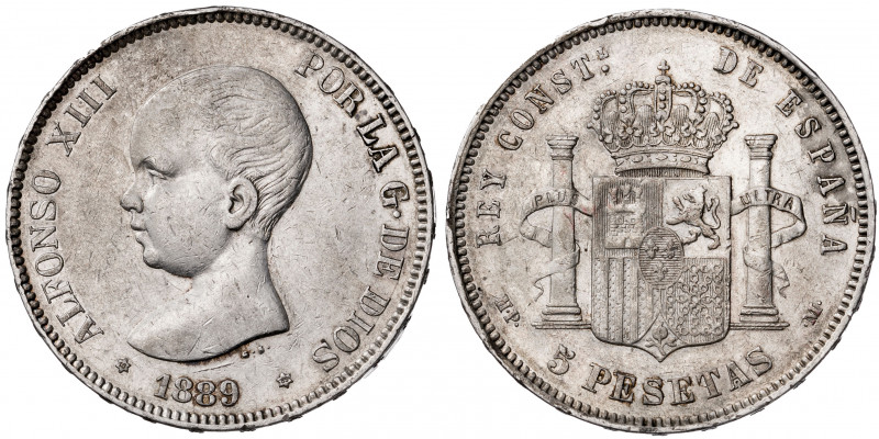 1889*1889. Alfonso XIII. MPM. 5 pesetas. (AC. 93). 25,03 g. MBC.