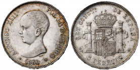 1890*1890. Alfonso XIII. MPM. 5 pesetas. (AC. 95). Leves golpecitos. Buen ejemplar. 25,09 g. MBC+.