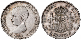 1890*1890. Alfonso XIII. MPM. 5 pesetas. (Barrera 1271). Falsa de época. Golpecitos. Buen ejemplar. 23,85 g. MBC+.