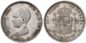 1891*1891. Alfonso XIII. PGM. 5 pesetas. (AC. 98). 24,87 g. BC+.