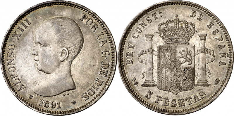 1891*1891. Alfonso XIII. PGM. 5 pesetas. (AC. 98). Leves marquitas. Bonita pátin...