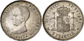 1891*1891. Alfonso XIII. PGM. 5 pesetas. (AC. 98). Leves marquitas. Bonita pátina. 24,88 g. EBC-.