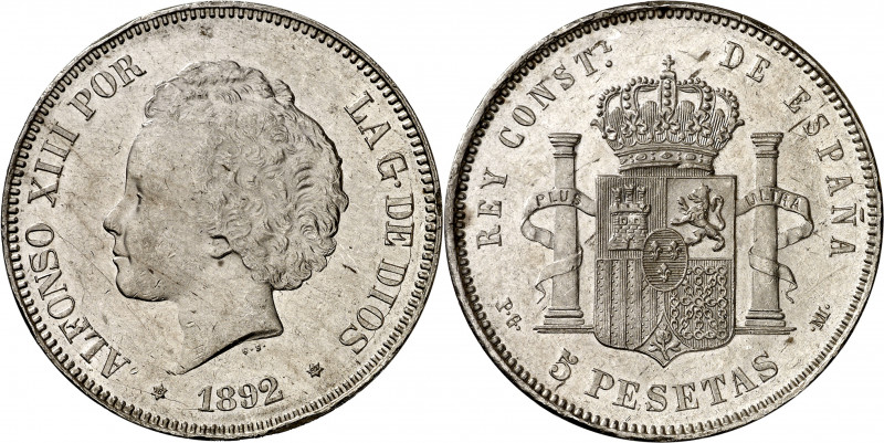 1892*1892. Alfonso XIII. PGM. 5 pesetas. (AC. 100). Golpes en canto. 24,88 g. (E...