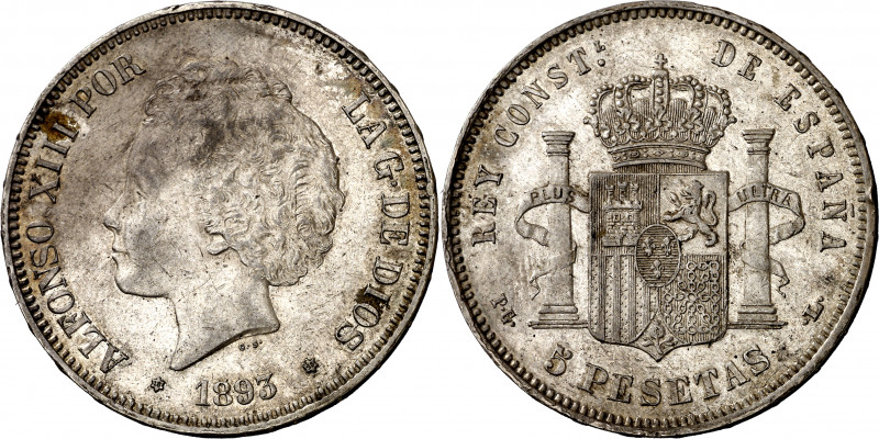 1893*1893. Alfonso XIII. PGL. 5 pesetas. (AC. 102). Leves marquitas. Parte de br...