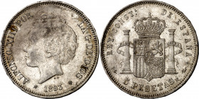 1893*1893. Alfonso XIII. PGL. 5 pesetas. (AC. 102). Leves marquitas. Parte de brillo original. 24,98 g. MBC+.