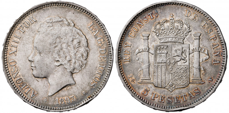 1893*1893. Alfonso XIII. PGV. 5 pesetas. (AC. 103). Golpes. Bonita pátina. Escas...