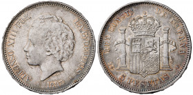 1893*1893. Alfonso XIII. PGV. 5 pesetas. (AC. 103). Golpes. Bonita pátina. Escasa. 24,84 g. MBC.