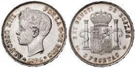 1896*1896. Alfonso XIII. PGV. 5 pesetas. (AC. 106). Golpes en canto. 25,11 g. (EBC-).