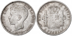 1899*-8--. Alfonso XIII. PGV. 5 pesetas. (Barrera 1362). Falsa de época. 24,07 g. BC.