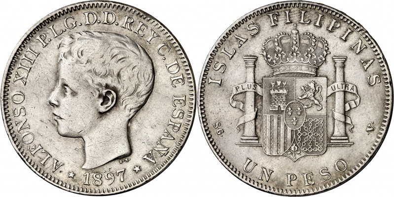 1897. Alfonso XIII. Manila. SGV. 1 peso. (AC. 122). Golpecitos. 25,24 g. MBC-.