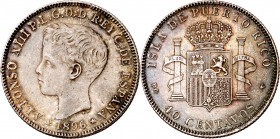 1896. Alfonso XIII. Puerto Rico. PGV. 40 centavos. (AC. 127). Atractiva pátina. Parte de brillo original. Escasa así. 10,02 g. EBC-/MBC+.