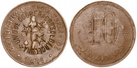 Barcelona. Sants. Cooperativa "La Nueva Obrera". 10 céntimos. (AL. 1737). Contramarca UNIÓ DE COOPERADORS DE BARCELONA. 6,08 g. MBC-.
