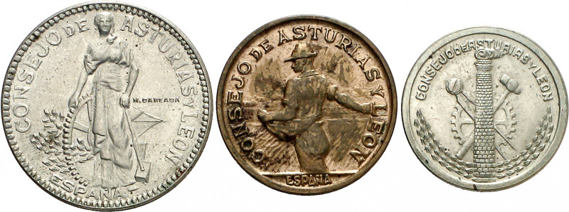 Asturias y León. 50 céntimos, 1 y 2 pesetas. (AC. 8 a 10). 3 monedas, serie comp...