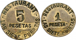 Sevilla. Restaurant "Las Siete Puertas". 1 y 5 pesetas. 2 monedas. Raras. MBC+.