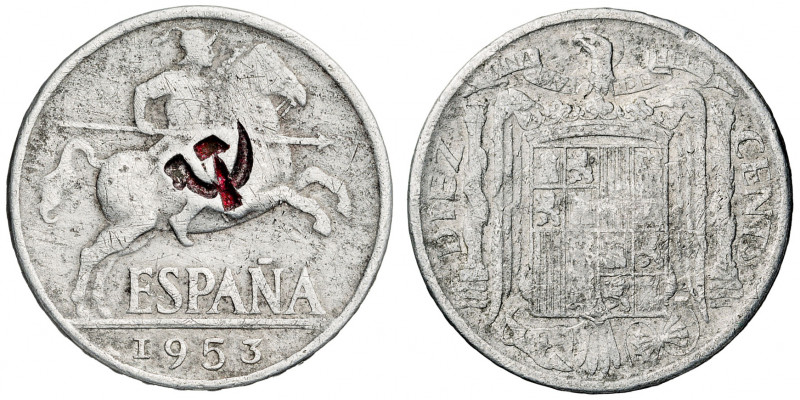 1953. Franco. 10 céntimos. Contramarca hoz y martillo. 1,84 g. BC+.