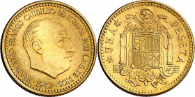 1947*E51. Franco. 1 peseta. (AC. 152). II Exposición Nacional de Numismática. Escasa. 3,31 g. S/C.