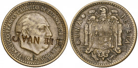 1947*1954. Franco. 1 peseta. Contramarca JUAN III (conde de Barcelona). 3,45 g. MBC-.