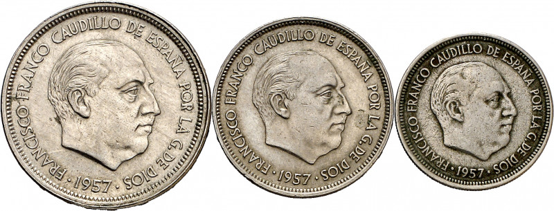 1957. Franco. BA (Barcelona). 5, 25 y 50 pesetas. (AC. 154 a 156). I Exposición ...