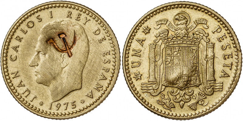 1975*1979. Juan Carlos I. 1 peseta. Contramarca hoz y martillo. 3,52 g. MBC-/MBC...