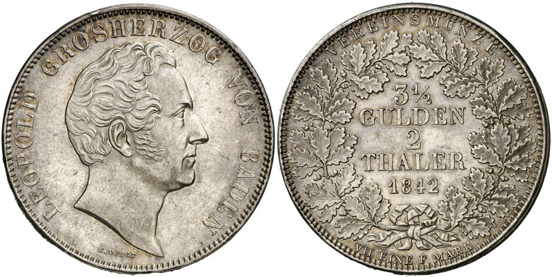 Alemania. Baden. 1842. Leopoldo. 2 taler. (Kr. 212). Bella. Precioso color. Rara...