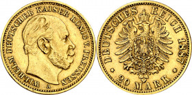 Alemania. Prusia. 1887. Guillermo I. A (Berlín). 20 marcos. (Fr. 3816) (Kr. 505). AU. 7,93 g. MBC+.