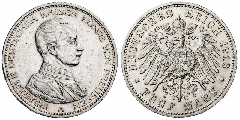 Alemania. Prusia. 1913. Guillermo II. A (Berlín). 5 marcos. (Kr. 536). Golpe en ...