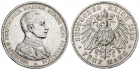 Alemania. Prusia. 1913. Guillermo II. A (Berlín). 5 marcos. (Kr. 536). Golpe en canto. Limpiada. AG. 27,74 g. MBC/MBC+.