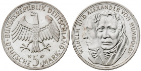 Alemania. 1967. F (Stuttgart). 5 marcos. (Kr. 120.1). Guillermo y Alejandro von Humboldt. AG. 11,17 g. S/C-.