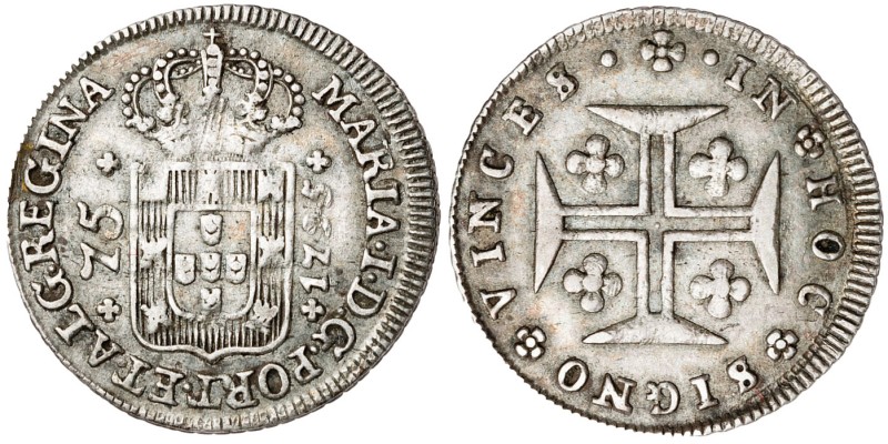 Azores. 1795. María I. 75 reis. (Kr. 6). Escasa. AG. 1,61 g. MBC-/MBC.