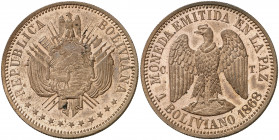 Bolivia. 1868. La Paz. CT. 1 boliviano. (Kr. Pn24). Prueba. Bella. Brillo original. Rara. CU. 21,39 g. S/C.