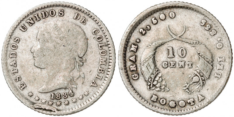 Colombia. 1884. 10 centavos. (Kr. 175.1). AG. 2,42 g. MBC-/MBC.