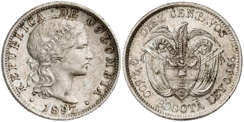 Colombia. 1897. Bruselas. 10 centavos. (Kr. 188). AG. 2,49 g. EBC.