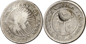 Costa Rica. (1849-1857). 1/2 real. (Kr. 68). Contramarca león sobre 1/2 real 1847. AG. 1,39 g. MBC.