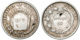 Costa Rica. 1923. 50 céntimos. (Kr. 159). Resellos 1923 y 50 CENTIMOS sobre 25 centavos 1893 Heaton. 2 punzonadas. Escasa. AG. 6,17 g. BC+.