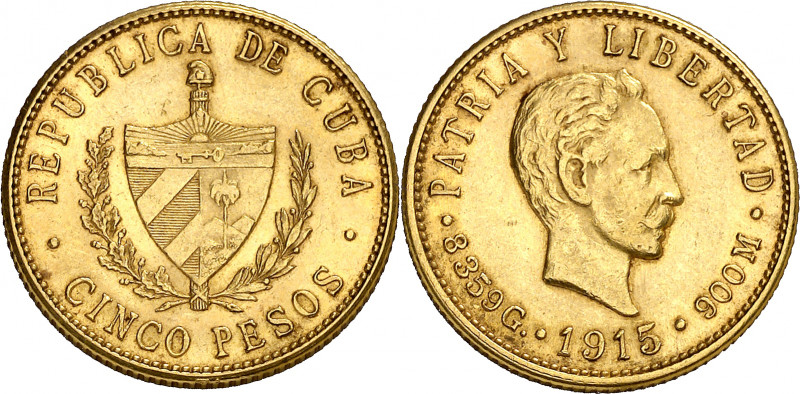 Cuba. 1915. 5 pesos. (Fr. 4) (Kr. 19). AU. 8,36 g. MBC+.