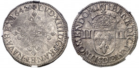 Francia. 1642. Luis XIII. D (Lyon). 1/4 ecu. (Kr. 47.4). En cápsula de la NGC como AU58, nº 4348138-013. Bella. Parte de brillo original. Ex Stack's B...