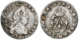 Francia. 1692. Lluís XIV. M (Toulouse). 4 sols 2 deniers. (Kr. 281.9). Rayitas. Escasa. AG. 1,38 g. MBC-.