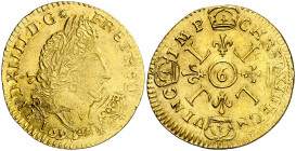 Francia. 1694. Luis XIV. 9 (Rennes). 1 luis de oro. (Fr. 433) (Kr. 302.24). Acuñada sobre otra moneda. Bella. Brillo original. Rara y más así. AU. 6,7...