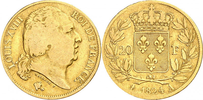 Francia. 1824. Luis XVIII. A (París). 20 francos. (Fr. 538) (Kr. 712.1). AU. 6,2...