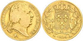 Francia. 1824. Luis XVIII. A (París). 20 francos. (Fr. 538) (Kr. 712.1). AU. 6,29 g. BC/MBC-.