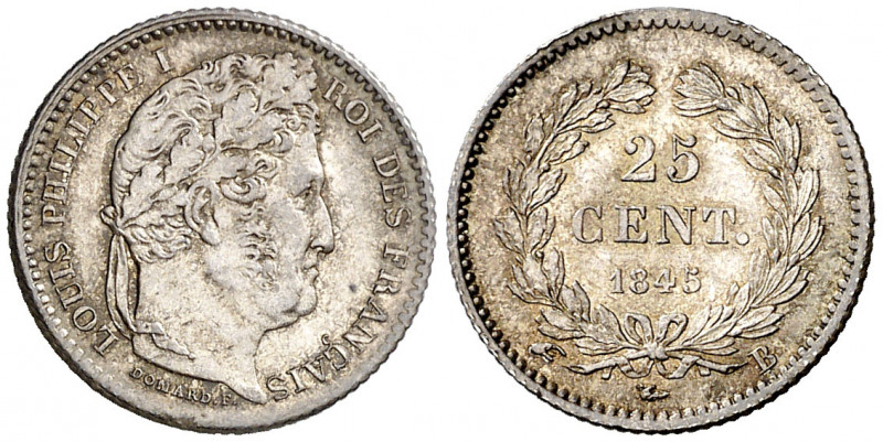 Francia. 1845. Luis Felipe I. B (Rouen). 25 céntimos. (Kr. 755.2). Bella. AG. 1,...